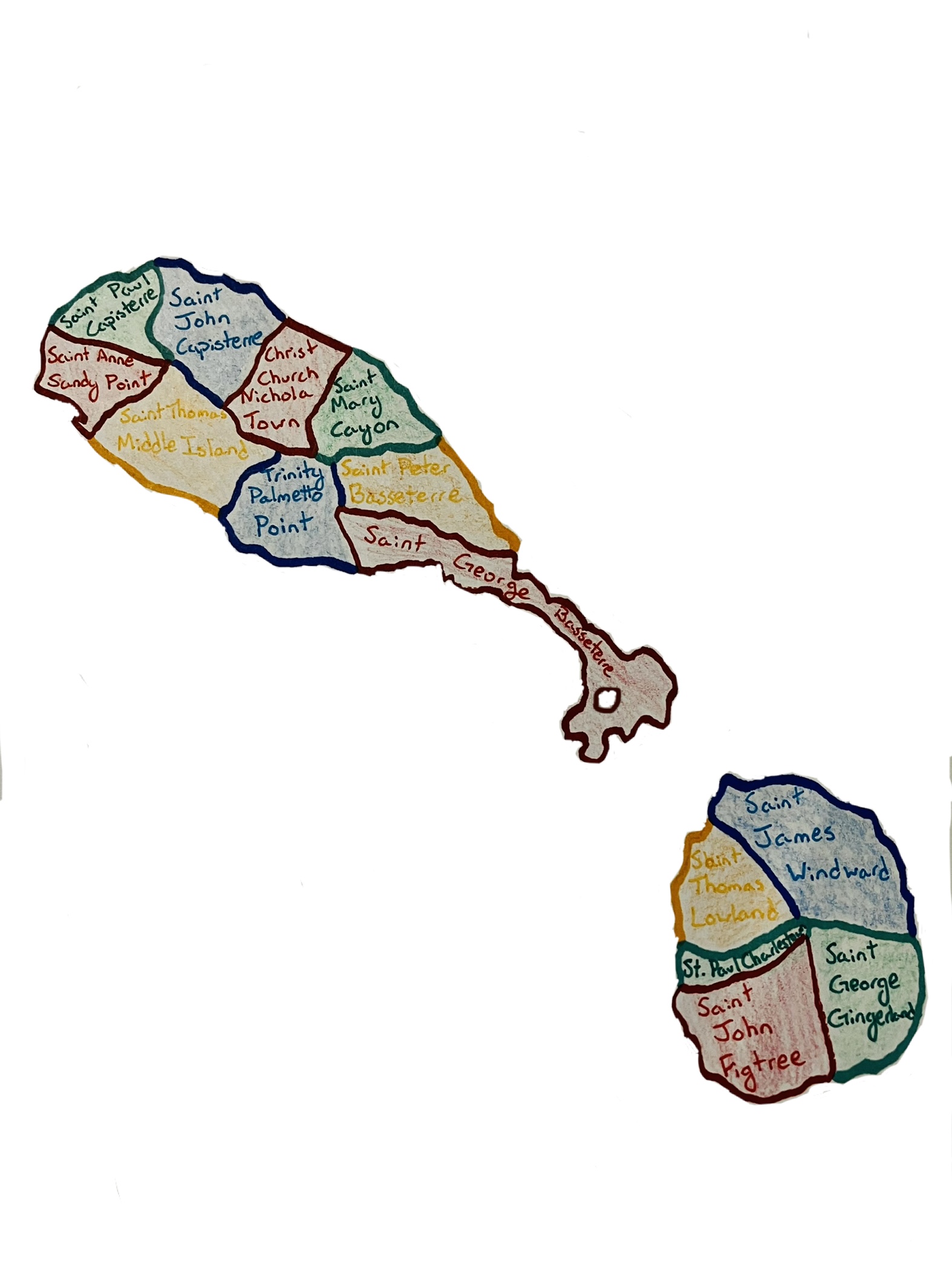 Saint Kitts and Nevis map with colored parishes and names.